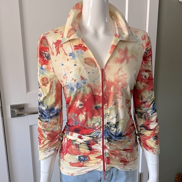 Joseph Ribkoff Ruched Watercolor Zip Top - Picture 9 of 15